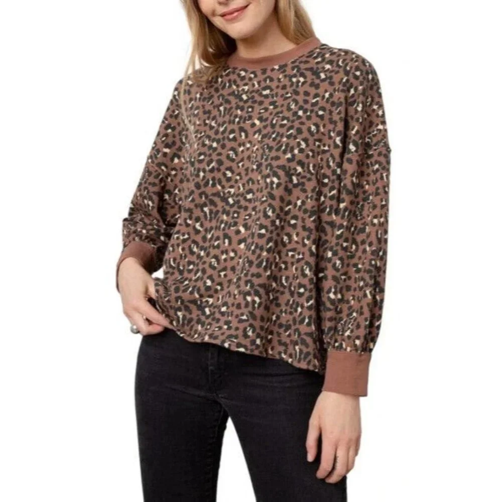 Rails Reeves Sweatshirt Leopard Pullover Crewneck Terry Raw Hem